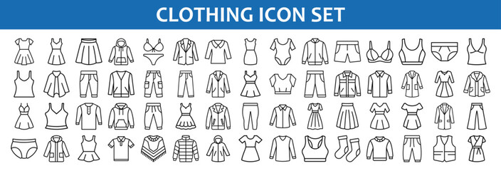 Clothing Outline Icon Set for Fashion Design, Stylized set of 60 outline icons featuring various clothing items, perfect for fashion apps, e-commerce, or UI projects.