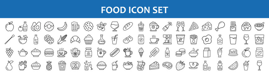 Minimalist Line Icons of Various Foods, Set of thin line food icons including fruits, drinks, snacks, and meals. Ideal for menus, apps, and web design.
