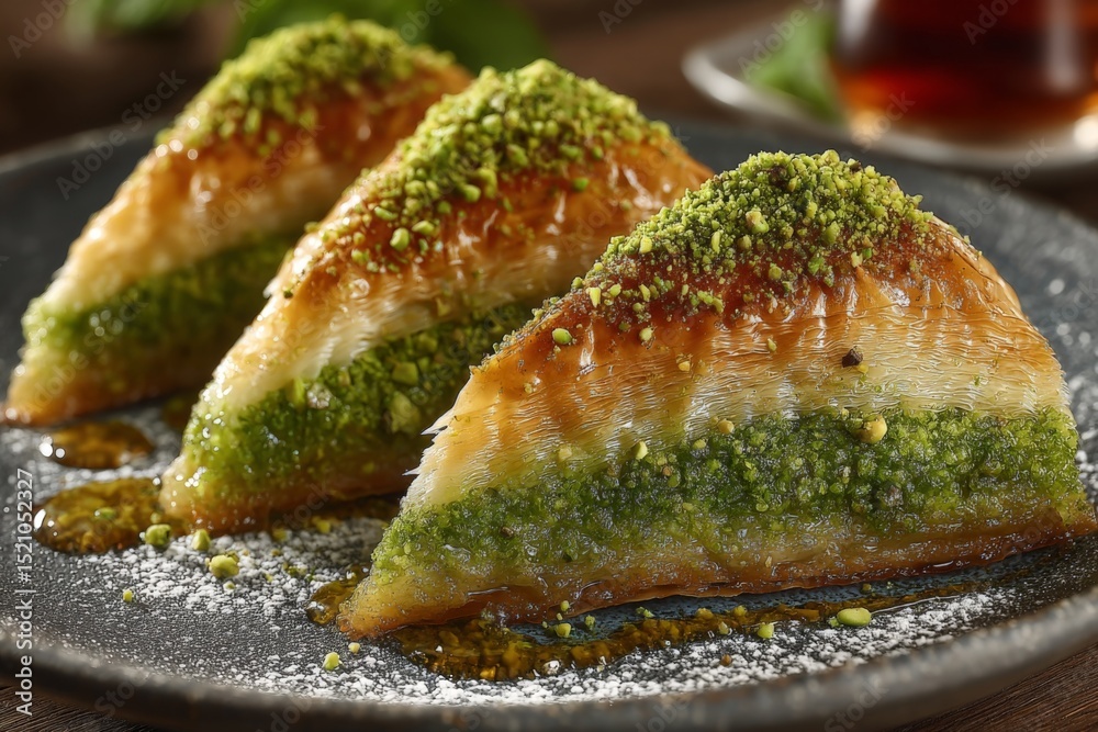 Aufkleber delicious layers of baklava topped with pistachios served on a dark plate in a cozy setting