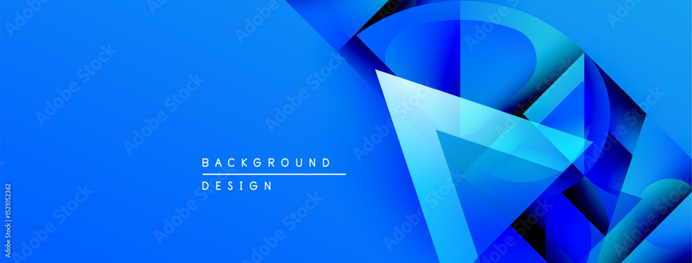 Poster Abstract blue design features layered geometric shapes. Modern style, vibrant colors, dynamic composition. Background elements suggest depth, texture.