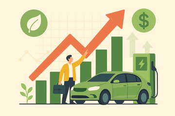 Electric Vehicle Stock Surge. Investment Growth in Green Energy. EV Charger Station, Financial Chart, Investor Success. Sustainable Transport. Eco-Friendly Car. Rising Trends