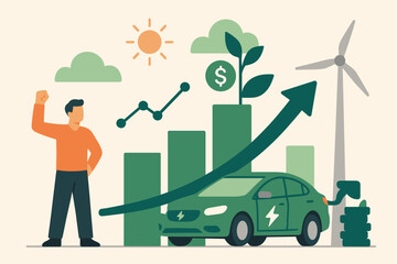 Electric Vehicle Stocks Surge Green Energy Investment Growth Concept. Sustainable Economy Success Renewable Future Financial Profit EV Market Clean Power Technology Progress Man Cheering.