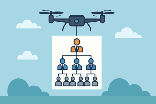 Drone Delivering Hierarchical Structure. Organization Chart. Business Management. Company Hierarchy. Corporate Structure. Streamlined Process. Efficient Workflow. Automation Concept.
