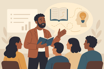 Dynamic Black educator, storyteller, or presenter leading engaging workshop. Diverse audience learning, idea generation, knowledge sharing. Public speaking, education concept vector illustration.