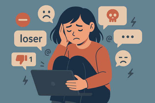Cyberbullying concept. Distressed young person experiencing online harassment with hateful messages and negative icons on laptop. Mental health, internet safety, youth victim illustration.