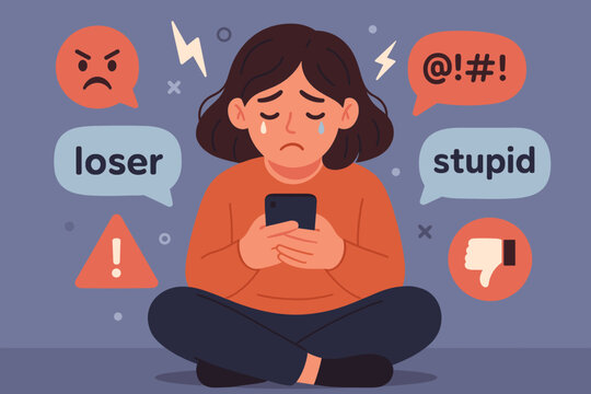 Cyberbullying concept: Sad girl crying, victim of online harassment and hate speech via smartphone. Illustrates social media negativity, internet abuse, emotional distress, and mental health issues.