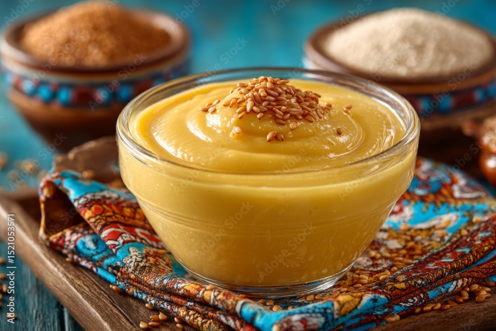 Poster creamy tahini paste garnished with sesame seeds sits on a vibrant cloth alongside various ingredient