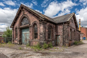 Obraz premium Historic brick building with weathered exterior and blue doors in an abandoned industrial area under a cloudy sky