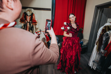 Two young actors are backstage in a theatrical setting. One is dressed in a red stage costume holding flowers, while the other captures the moment with a smart phone. The scene exudes creativity.