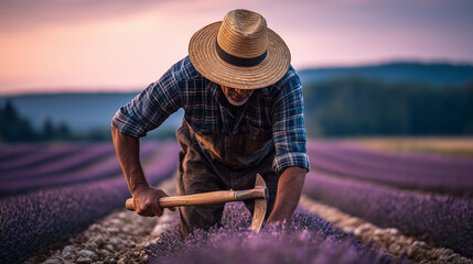 Hardworking Farmer Cultivating Lavender Fields at Valensole Lavender Festival During Sunset, Authentic Rural Life and Blooming Beauty in Provence's Scenic French Countryside