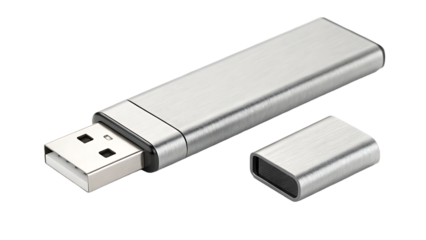Silver usb flash drive with cap isolated on transparent background