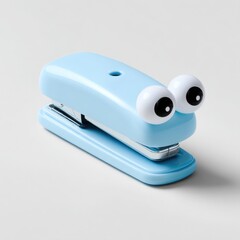 Blue stapler with googly eyes on a white background