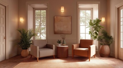 Modern and elegant living room with two armchairs and a small side table. the room has a large window on the right side, allowing natural light to enter the space.