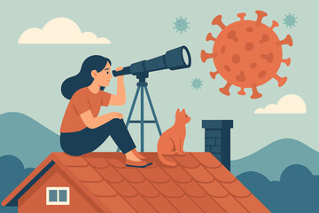 Woman on rooftop with cat observing a giant COVID-19 virus through a telescope, symbolizing pandemic challenges, social distancing, and hope during crisis. Mental health.