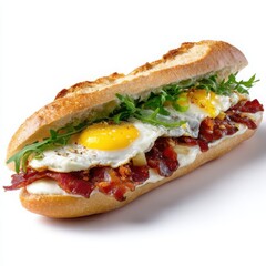 Bacon and egg baguette sandwich on a white background