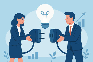 Business collaboration and partnership illustration. Male and female business people connecting ideas, innovation, teamwork, solution and synergy for success. Business growth concept.