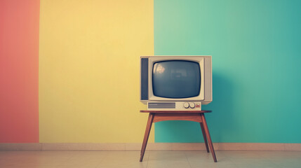 Old retro television with a pastel color wall background, showcasing vintage charm and timeless interior aesthetics.