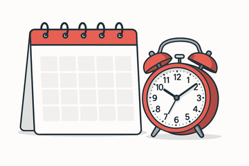 Daily planning and schedule management concept with a blank calendar and classic red alarm clock. Time organization, deadline reminder, event, appointment, task, project symbol.