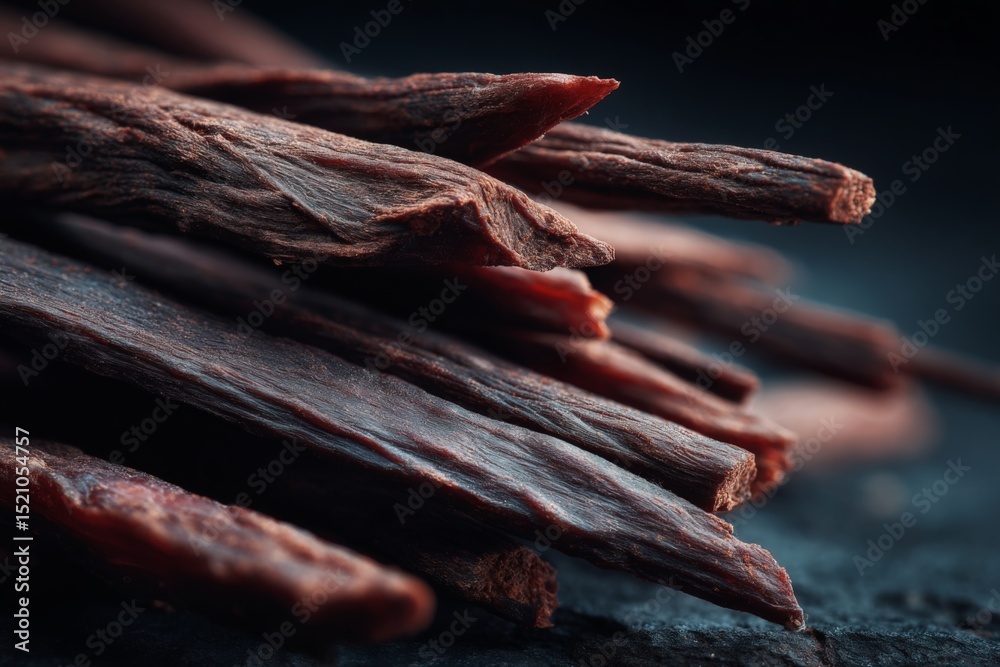 Poster dark vanillin sticks are prominently displayed on a dark surface, highlighting their texture and col