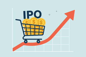 IPO (Initial Public Offering) profits skyrocket with investment growth strategy. Shopping cart full of coins. Financial market success. Business stock trading increasing revenue. Economic wealth.