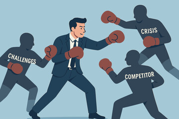 Determined Businessman Boxing Against Business Challenges, Crisis, and Competitors. Fighting Adversity, Conflict, Obstacles, and Problems in a Corporate Battle.