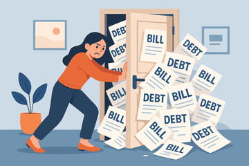 Overwhelmed Woman Pushing Against Financial Debt and Bills Bursting from Door. Concept of Financial Crisis, Bankruptcy, Loan Problems, and Economic Stress.