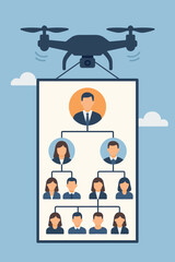 Drone Carrying Business Organizational Chart, Illustrating Hierarchical Company Structure, Corporate Management, Teamwork, Leadership, Employee Roles, and Modern Aerial Oversight of Workforce Diagram