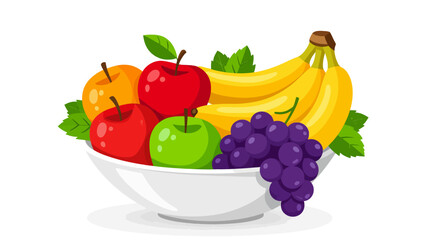 A vibrant vector illustration showcasing a bowl filled with various colorful fruits, including apples, bananas, and grapes. Perfect for healthy eating and lifestyle themes.