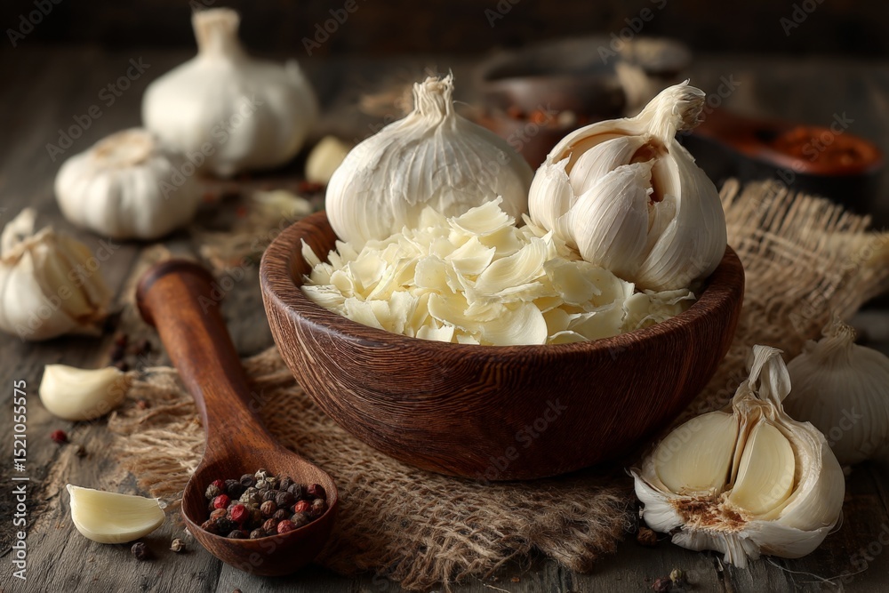 Poster fresh garlic and garlic flakes arranged in a rustic setting with spices and wooden utensils