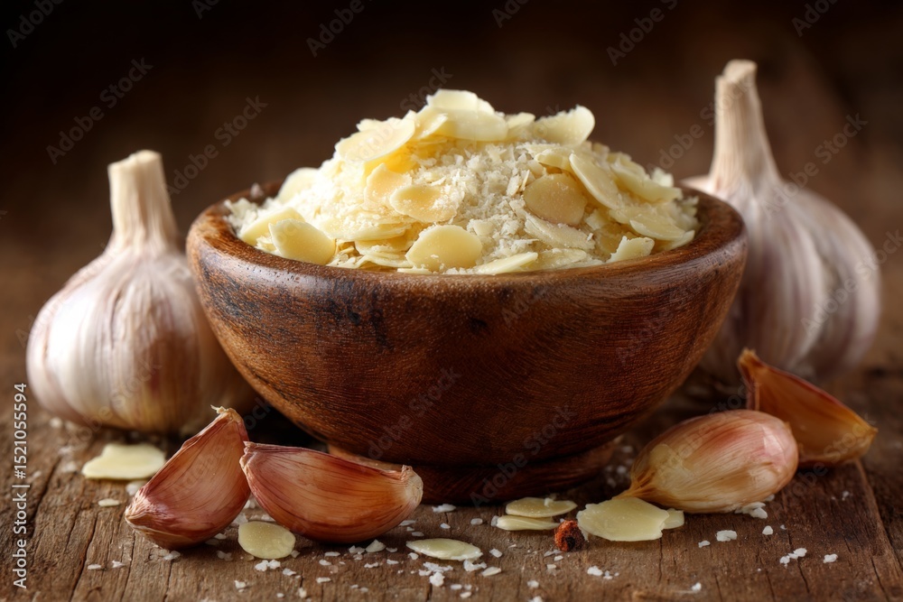 Poster Garlic cloves and almond flakes arranged in a rustic setting for a culinary creation