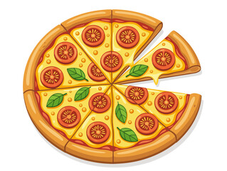 A delicious cartoon pizza with tomato slices, basil leaves, and melted cheese, with one slice being taken out. Vector illustration