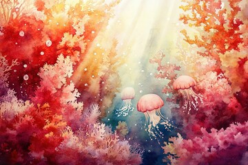 Ethereal coral reef scene painted in watercolor with flowing jellyfish and light rays, concept of ocean conservation and marine biology
