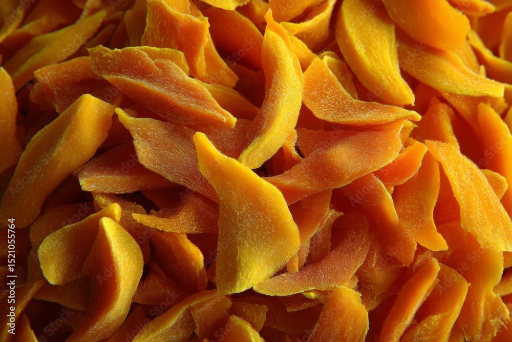 Poster dried mango slices display in vibrant colors and textures at a local market during daylight hours