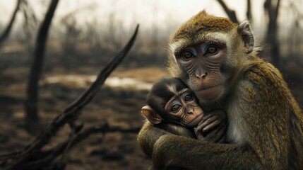 A sad mother monkey holds her baby, who died due to drought, in front of a barren landscape in the wild. The monkey's eyes show deep pain, a tragic look of despair on his face. 