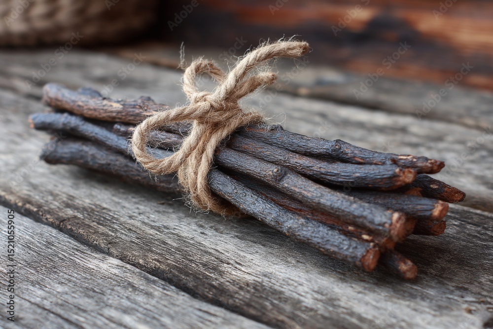 Poster bundle of twigs tied with twine on rustic wooden surface in natural light