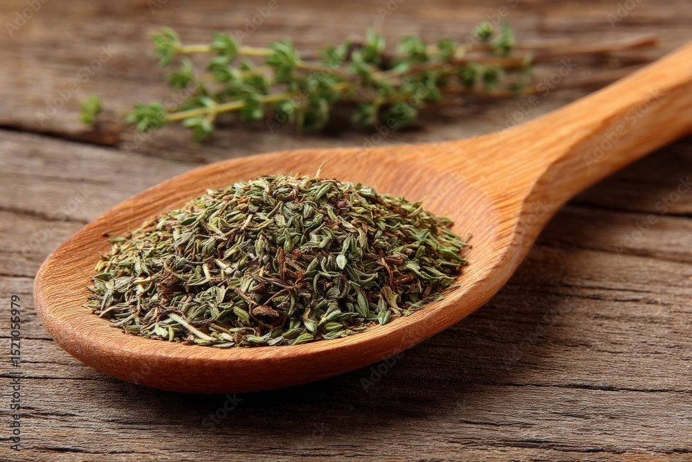 Poster dry thyme herb displayed on a wooden spoon with fresh sprigs on a rustic wooden table