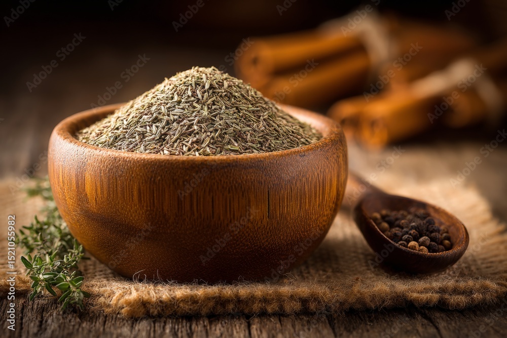 Poster Herbs and spices presented in a wooden bowl on a rustic table, creating a warm and inviting atmosphere in the kitchen