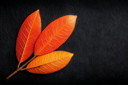 Vibrant orange leaves resting on a dark surface showcasing autumn colors and intricate leaf patterns