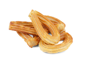 Heap of traditional spanish dessert churros, fried dough pastry isolated on white background. Street food, sweet snack, homemade dessert.