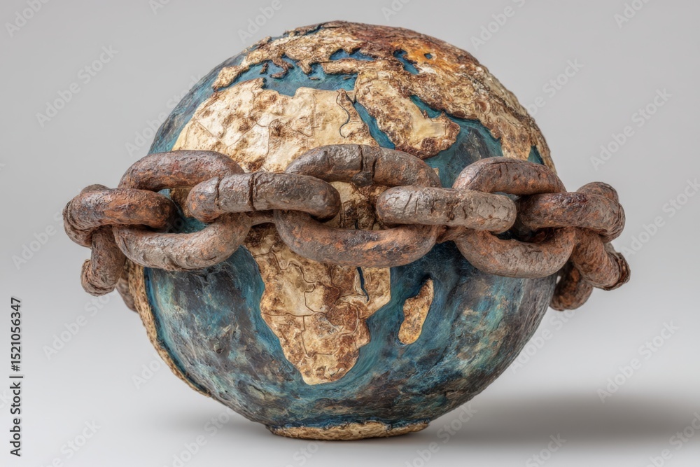 Poster sculpture depicting earth enclosed by chains symbolizing oppression and struggle for freedom