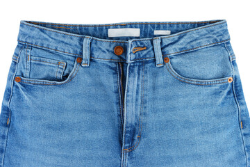 Front side of blue jeans pants. Design details, metal button, waistband, pocket and small pocket close up, macro. Wallpaper, background. Fashion concept, casual wear, business, shopping, sale
