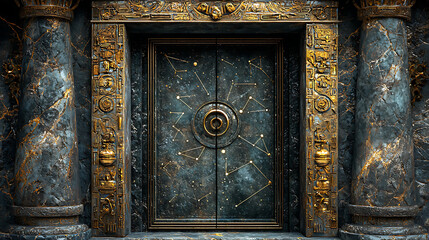 An imposing, dark metallic door adorned with golden cosmic patterns and a central celestial mechanism, framed by ornate golden columns and marble walls.