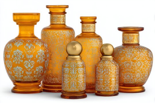 Colorful vintage glass vases with intricate designs arranged creatively on a neutral background