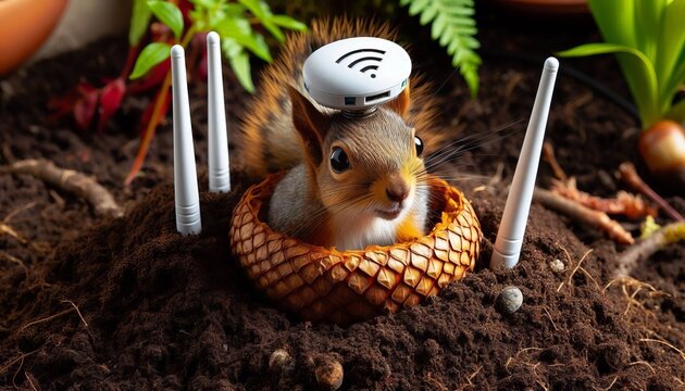 A squirrel’s buried acorn sprouting into a Wi Fi signal booste
