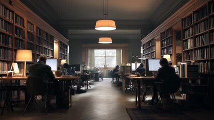 A Quiet Study Space, Researchers Immersed in Work at a Grand Library Setting - Powered by Adobe