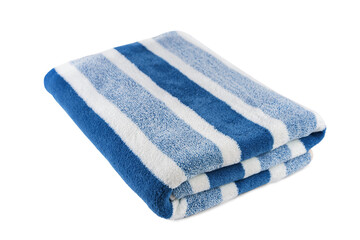 Carefully folded soft striped bath blue towel isolated on white, transparent background. Terry cloth, striped pattern towel texture, cotton bath textile or microfiber beach towel material