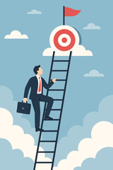 Aim High: Businessman Ascending Ladder to Cloud Target with Flag, Achieving Goals, Career Growth, Ambition, and Strategic Success in the Sky