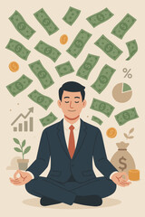 Wealth Meditation: Businessman Meditating with Money Rain, Financial Growth, Success Visualization, Budget Planning, Profit Increase, Mindfulness for Prosperity and Abundance