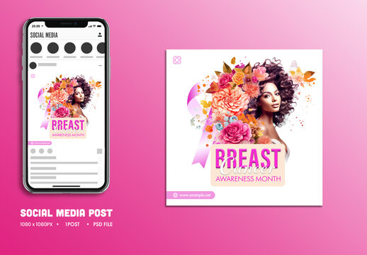 Breast Cancer Awareness Month Editable Social Media Post with Woman Surrounded by Flowers for Female Empowerment Messaging, Campaigns and Health Promotions.
