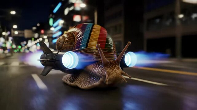 Futuristic turbo snail racing through neonlit city streets at night